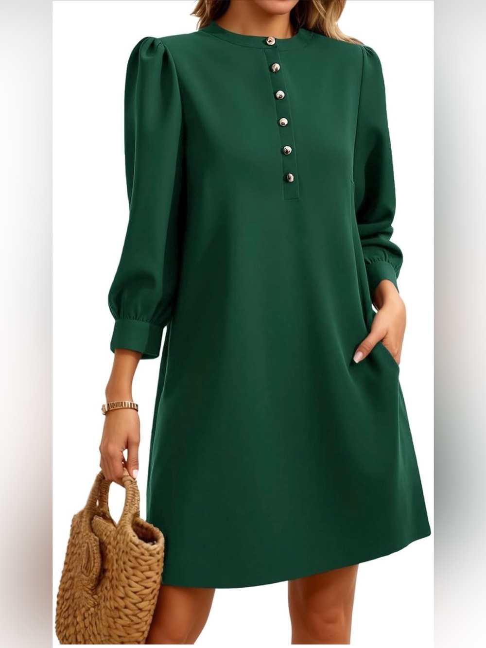 Forest Green Button-Front Puff Sleeve Dress